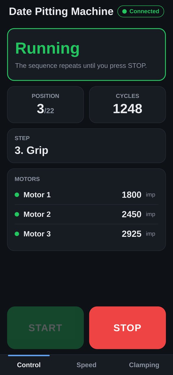 Date pitting machine app: control screen