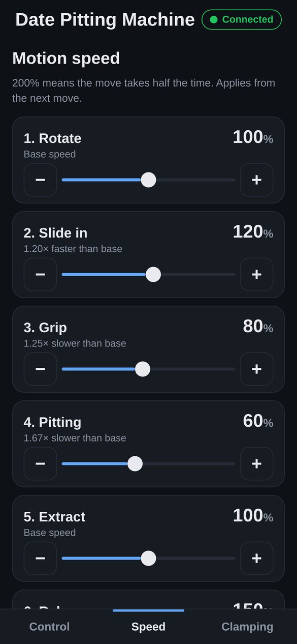 Date pitting machine app: speed of each step