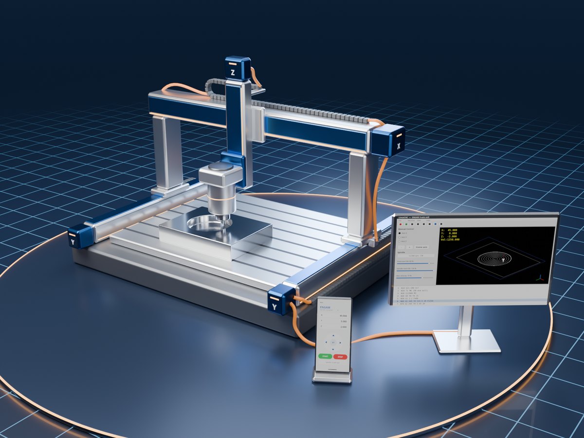 3-axis milling machine built from ENGAM modules, with LinuxCNC control and a mobile app