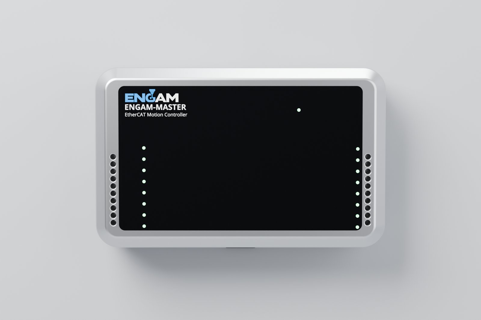 Black glass front with I/O status LEDs