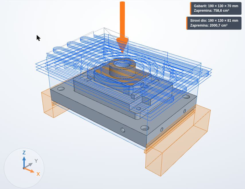 CAM toolpaths shown on the part